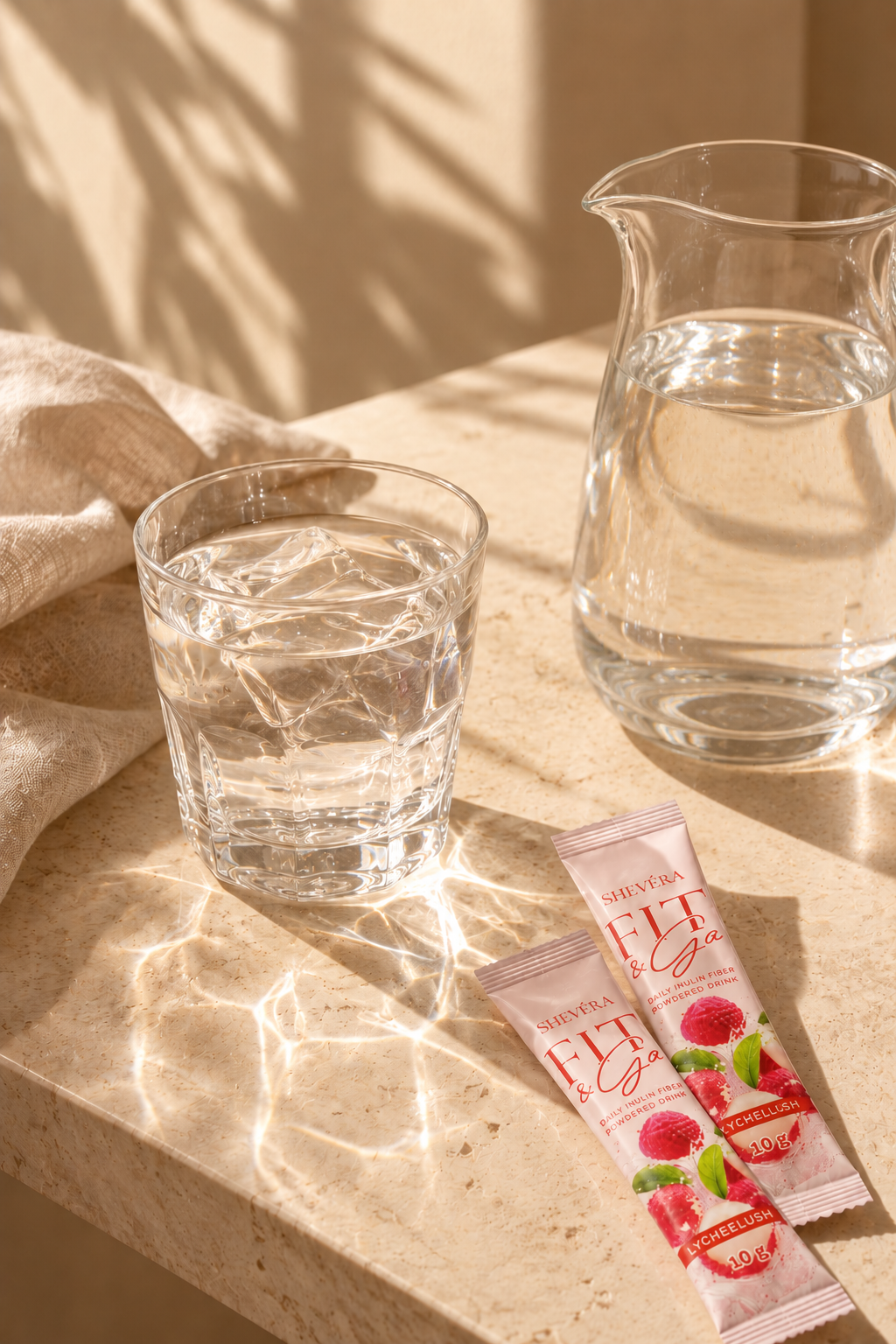 Shevéra Fit & Go sachets beside a glass and pitcher of water