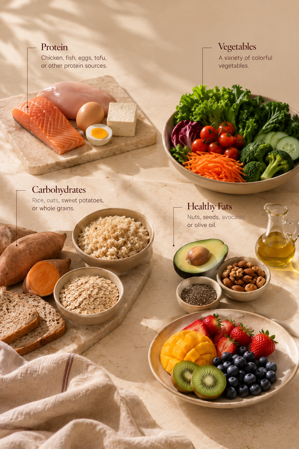 Balanced meal ingredients including protein, vegetables, carbohydrates, healthy fats, and fruit