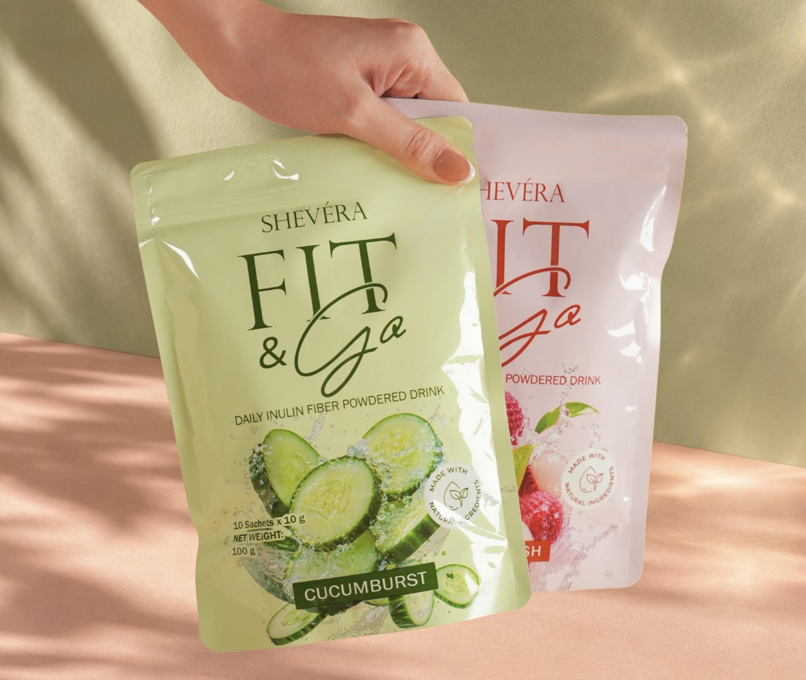 Shevéra Fit & Go Cucumburst and Lycheelush pouches