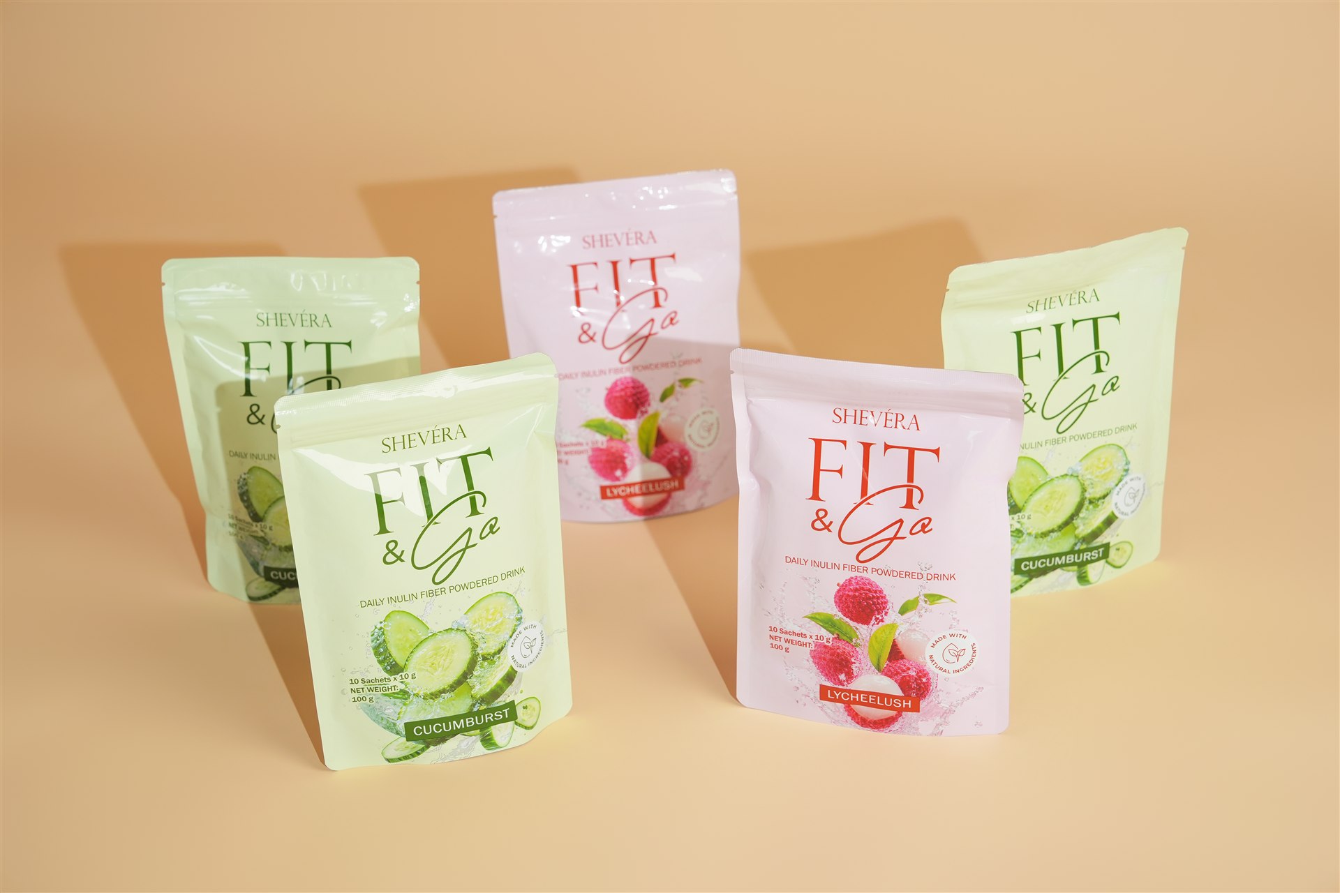 Shevéra Fit and Go cucumber and lychee drink pouches